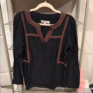 LOFT Black V-Neck Long Sleeve Top with Red Embroidery